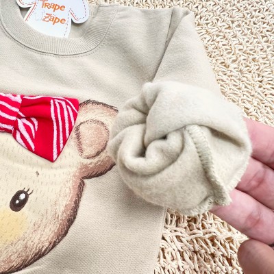  Conj. Casaco de Moletom Ursinha e Short Saia Laços - Areia e Vermelho